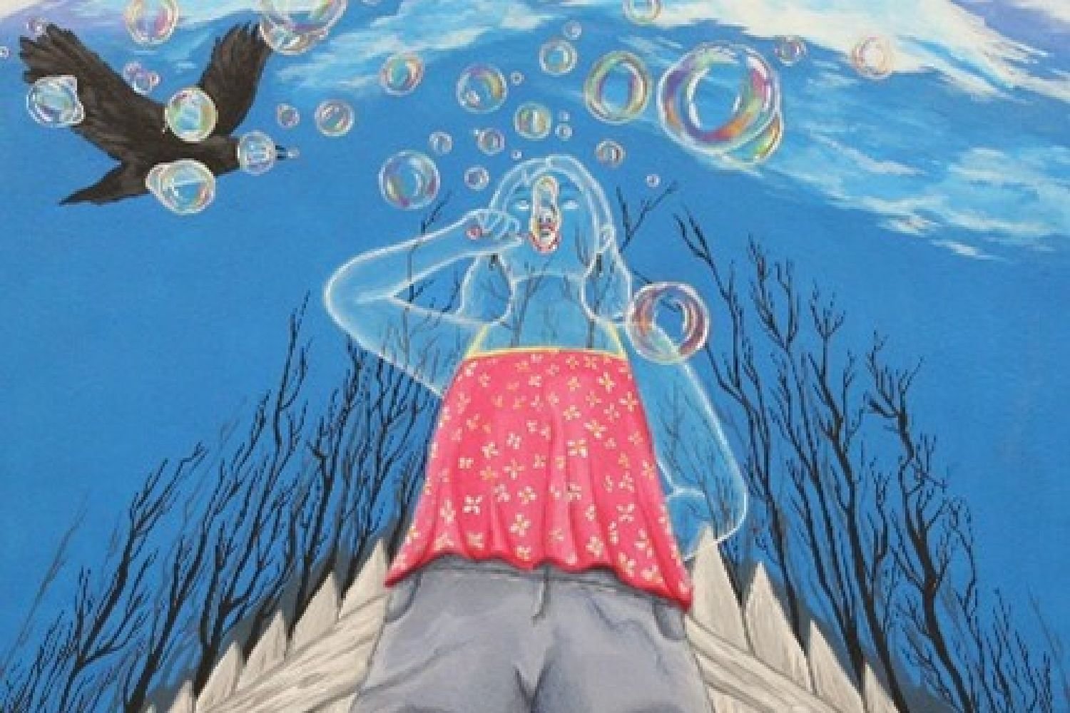 student painting of a bubble girl blowing bubbles