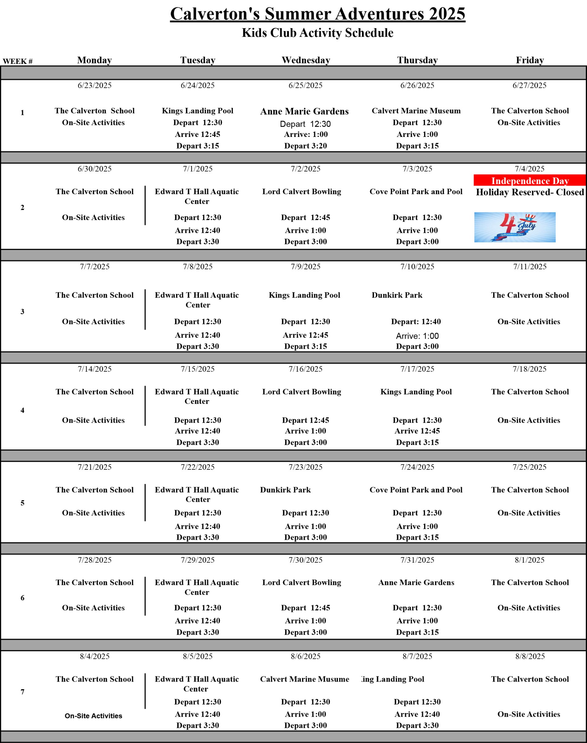 table of Kids Club summer camp activities