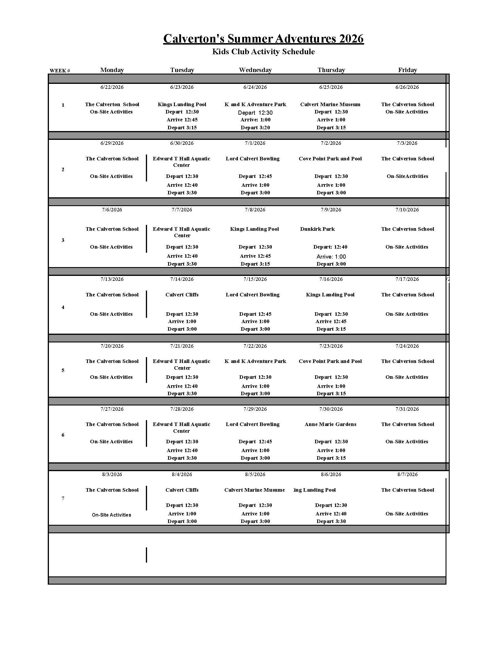 table of Kids Club summer camp activities